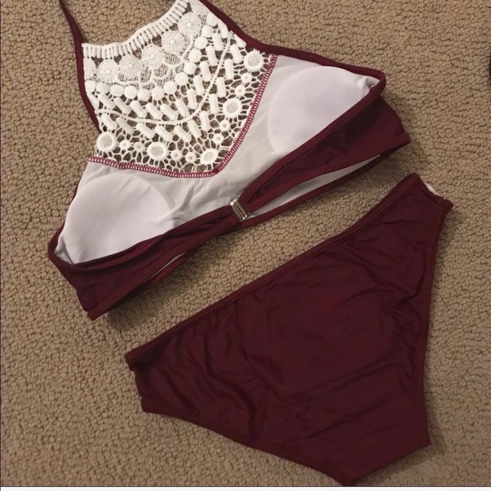 Burgundy and White High Neck Crochet Bikini - Picture 3 of 3